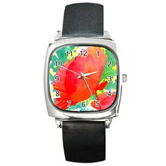 Lovely Red Poppy And Blue Dots Square Metal Watch by DanaeStudio