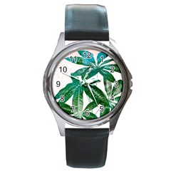 Pachira Leaves  Round Metal Watch by DanaeStudio