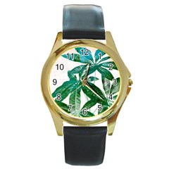 Pachira Leaves  Round Gold Metal Watch by DanaeStudio