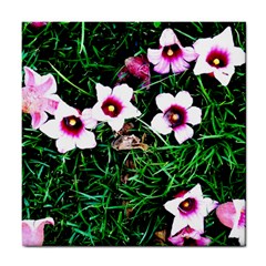 Pink Flowers Over A Green Grass Tile Coasters by DanaeStudio