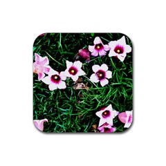 Pink Flowers Over A Green Grass Rubber Coaster (square)  by DanaeStudio