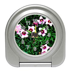 Pink Flowers Over A Green Grass Travel Alarm Clocks by DanaeStudio