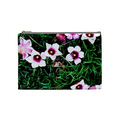 Pink Flowers Over A Green Grass Cosmetic Bag (medium)  by DanaeStudio