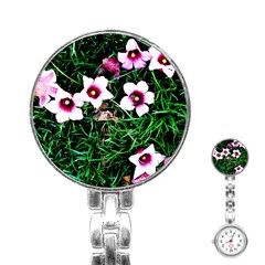 Pink Flowers Over A Green Grass Stainless Steel Nurses Watch by DanaeStudio