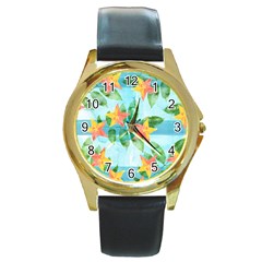 Tropical Starfruit Pattern Round Gold Metal Watch