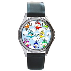 Cute colorful birds  Round Metal Watch