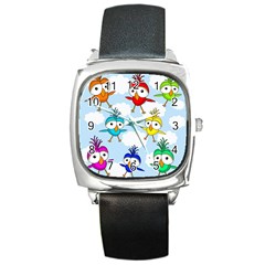 Cute colorful birds  Square Metal Watch