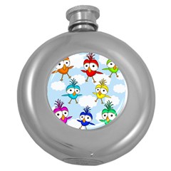 Cute colorful birds  Round Hip Flask (5 oz)