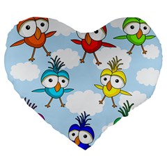 Cute colorful birds  Large 19  Premium Heart Shape Cushions