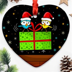 Cute Christmas Birds Heart Ornament (2 Sides) by Valentinaart