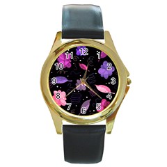 Purple And Pink Flowers  Round Gold Metal Watch by Valentinaart