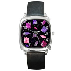 Purple And Pink Flowers  Square Metal Watch by Valentinaart