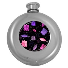 Purple And Pink Flowers  Round Hip Flask (5 Oz) by Valentinaart