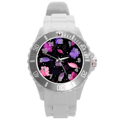 Purple And Pink Flowers  Round Plastic Sport Watch (l) by Valentinaart