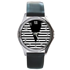 Black & White Stripes Big Triangle Round Metal Watch by EDDArt