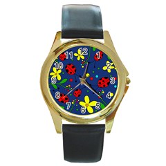 Ladybugs - Blue Round Gold Metal Watch by Valentinaart