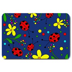 Ladybugs - Blue Large Doormat  by Valentinaart