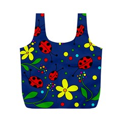 Ladybugs - Blue Full Print Recycle Bags (m)  by Valentinaart