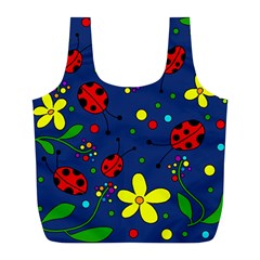 Ladybugs - Blue Full Print Recycle Bags (l)  by Valentinaart