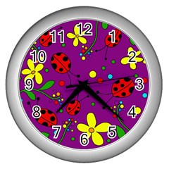 Ladybugs - Purple Wall Clocks (silver)  by Valentinaart