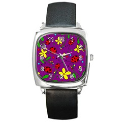 Ladybugs - Purple Square Metal Watch by Valentinaart