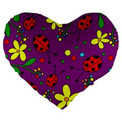 Ladybugs - Purple Large 19  Premium Flano Heart Shape Cushions