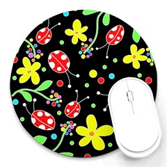 Flowers And Ladybugs Round Mousepads by Valentinaart