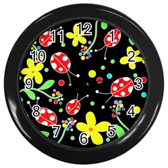 Flowers And Ladybugs Wall Clocks (black) by Valentinaart