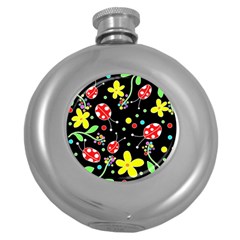 Flowers And Ladybugs Round Hip Flask (5 Oz) by Valentinaart