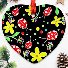 Flowers And Ladybugs Heart Ornament (2 Sides) by Valentinaart