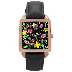 Flowers And Ladybugs Rose Gold Leather Watch  by Valentinaart