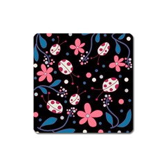 Pink Ladybugs And Flowers  Square Magnet by Valentinaart