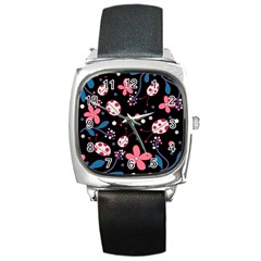 Pink ladybugs and flowers  Square Metal Watch