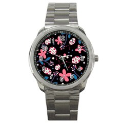 Pink ladybugs and flowers  Sport Metal Watch