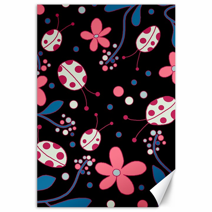 Pink ladybugs and flowers  Canvas 12  x 18  