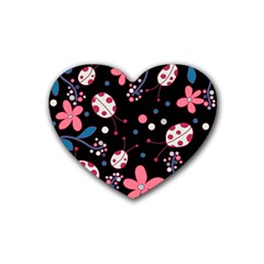 Pink Ladybugs And Flowers  Rubber Coaster (heart)  by Valentinaart