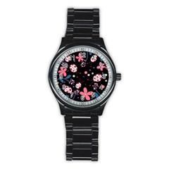 Pink ladybugs and flowers  Stainless Steel Round Watch