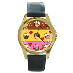 Love Cupcakes Round Gold Metal Watch by Valentinaart