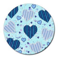 Light And Dark Blue Hearts Round Mousepads by LovelyDesigns4U