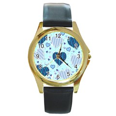 Light And Dark Blue Hearts Round Gold Metal Watch