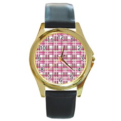 Pink Plaid Pattern Round Gold Metal Watch by Valentinaart