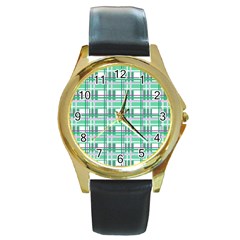 Green plaid pattern Round Gold Metal Watch