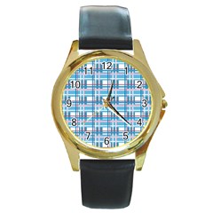 Blue Plaid Pattern Round Gold Metal Watch by Valentinaart