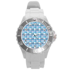 Blue Plaid Pattern Round Plastic Sport Watch (l) by Valentinaart