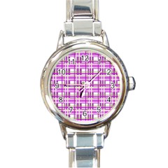 Purple Plaid Pattern Round Italian Charm Watch by Valentinaart