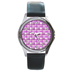 Purple Plaid Pattern Round Metal Watch by Valentinaart