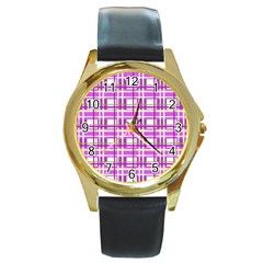 Purple Plaid Pattern Round Gold Metal Watch by Valentinaart