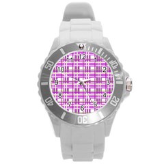 Purple Plaid Pattern Round Plastic Sport Watch (l) by Valentinaart