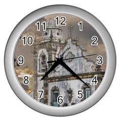 Exterior Facade Antique Colonial Church Olinda Brazil Wall Clocks (silver)  by dflcprints