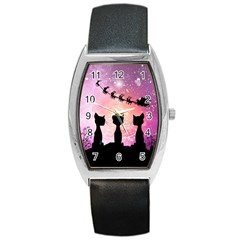 Cats Looking In The Sky At Santa Claus At Night Barrel Style Metal Watch by FantasyWorld7